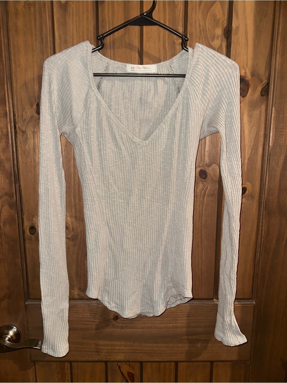 We The Free Light Gray Ribbed V-Neck Long Sleeve Top - Soft Knit